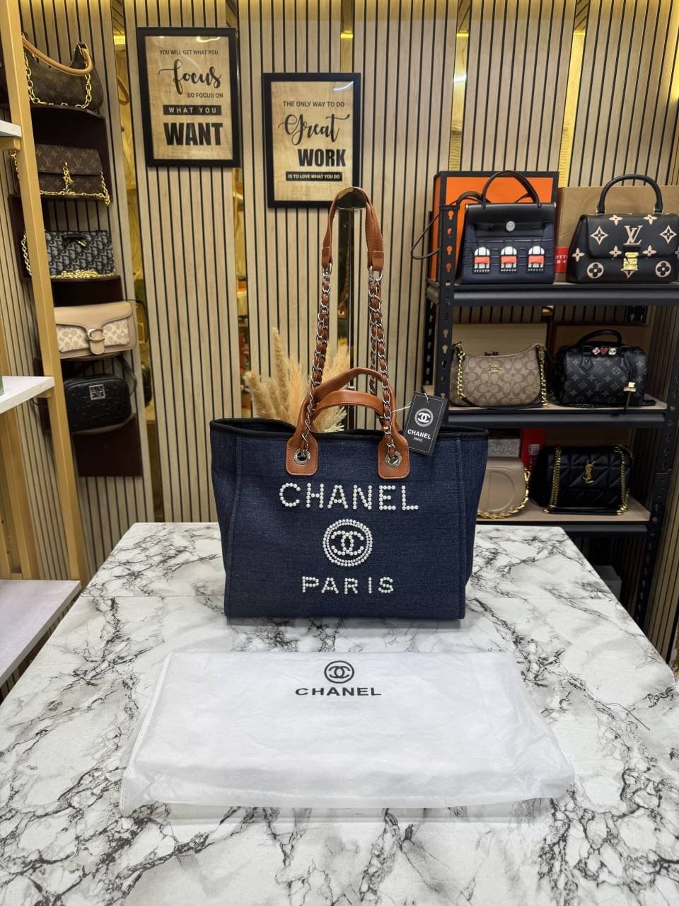 CHANE_L PARIS DUE TOTE BAG DIOMOND LOGO WITH DUST BAG PREMIUM QUALITY (BLUE)